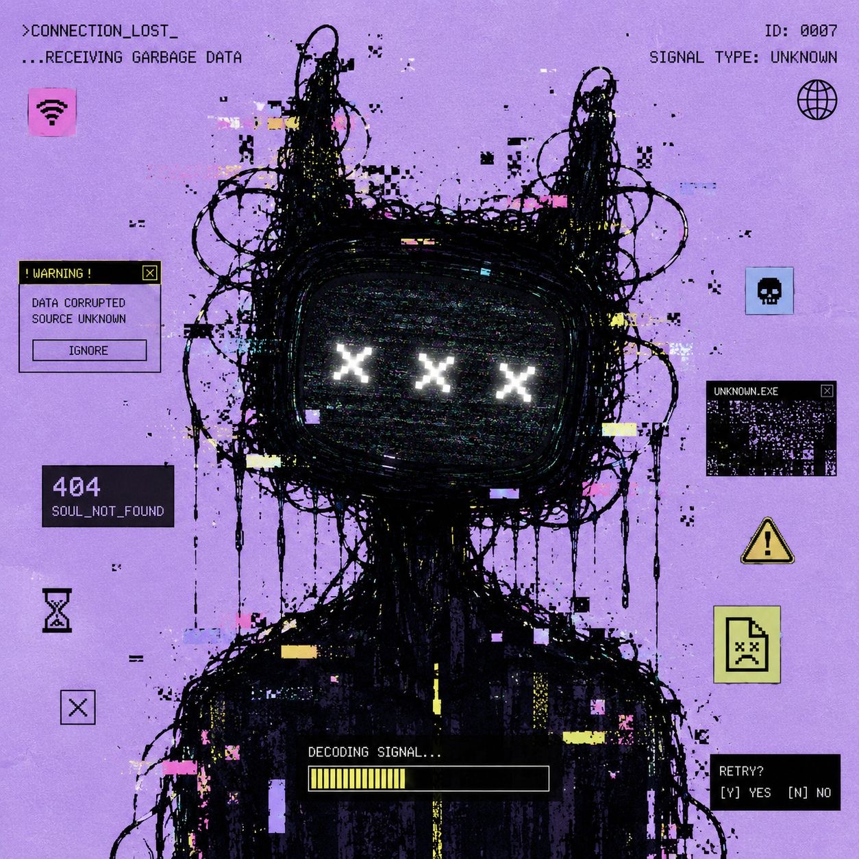 Purple cryptid with three X-shaped eyes receiving garbage data