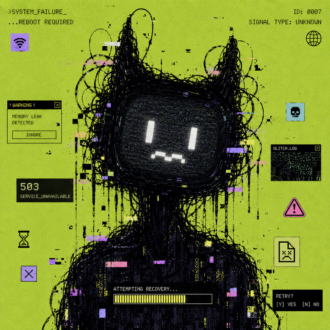 Mint-green cryptid with a sharp glitched grin