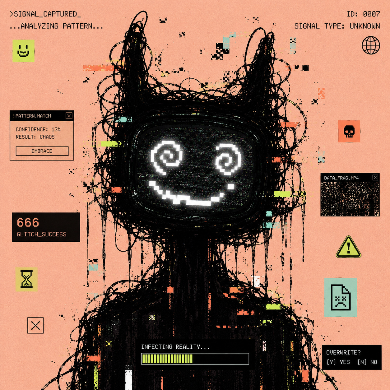 Corrupted CRT-headed cryptid displaying a pixel smile