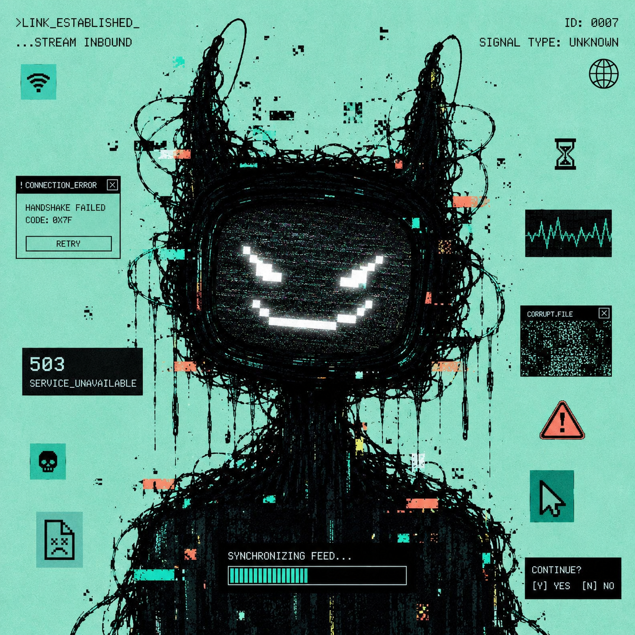 Lime-green glitched system cryptid with malfunctioning interface
