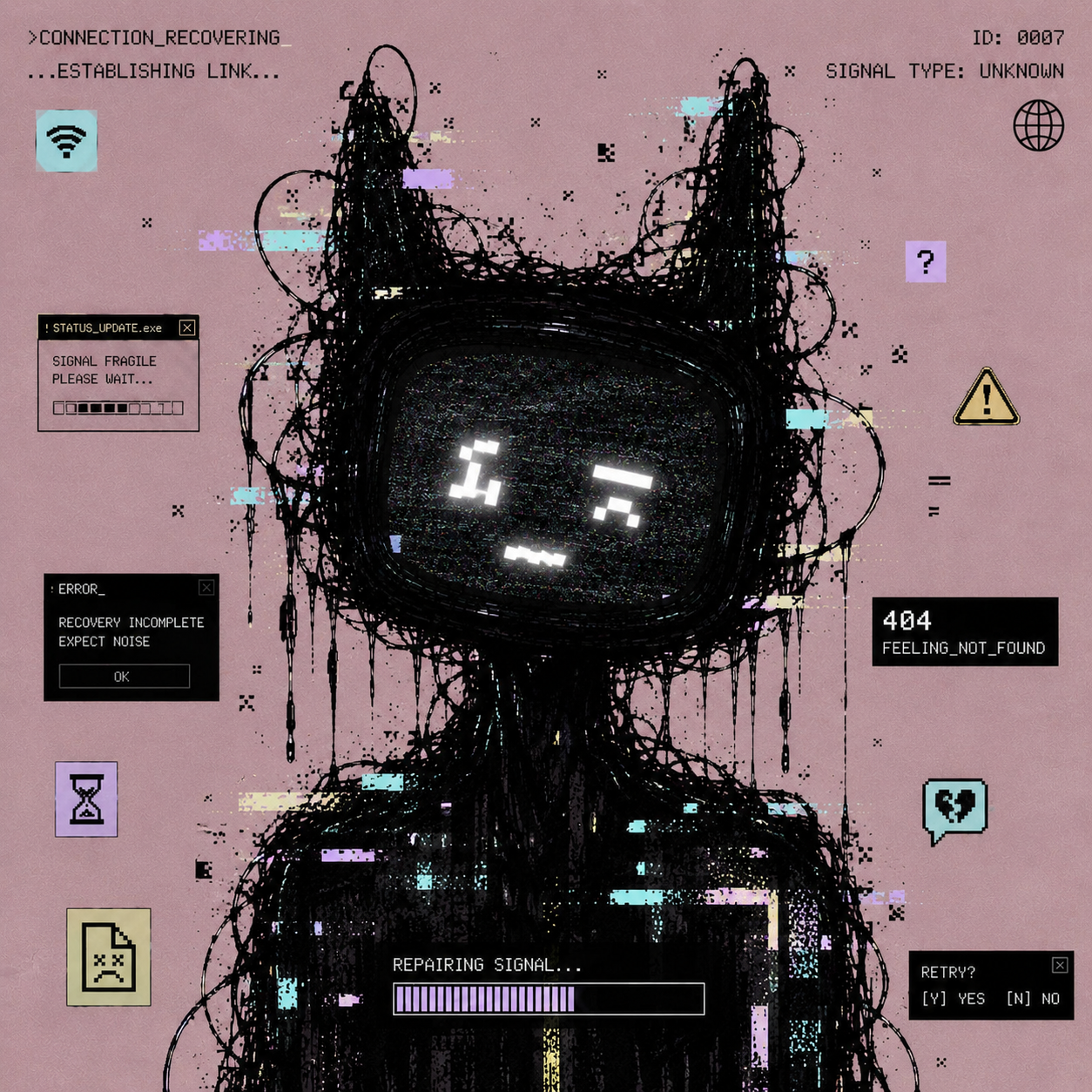 Mauve corrupted avatar with fragile recovering signal